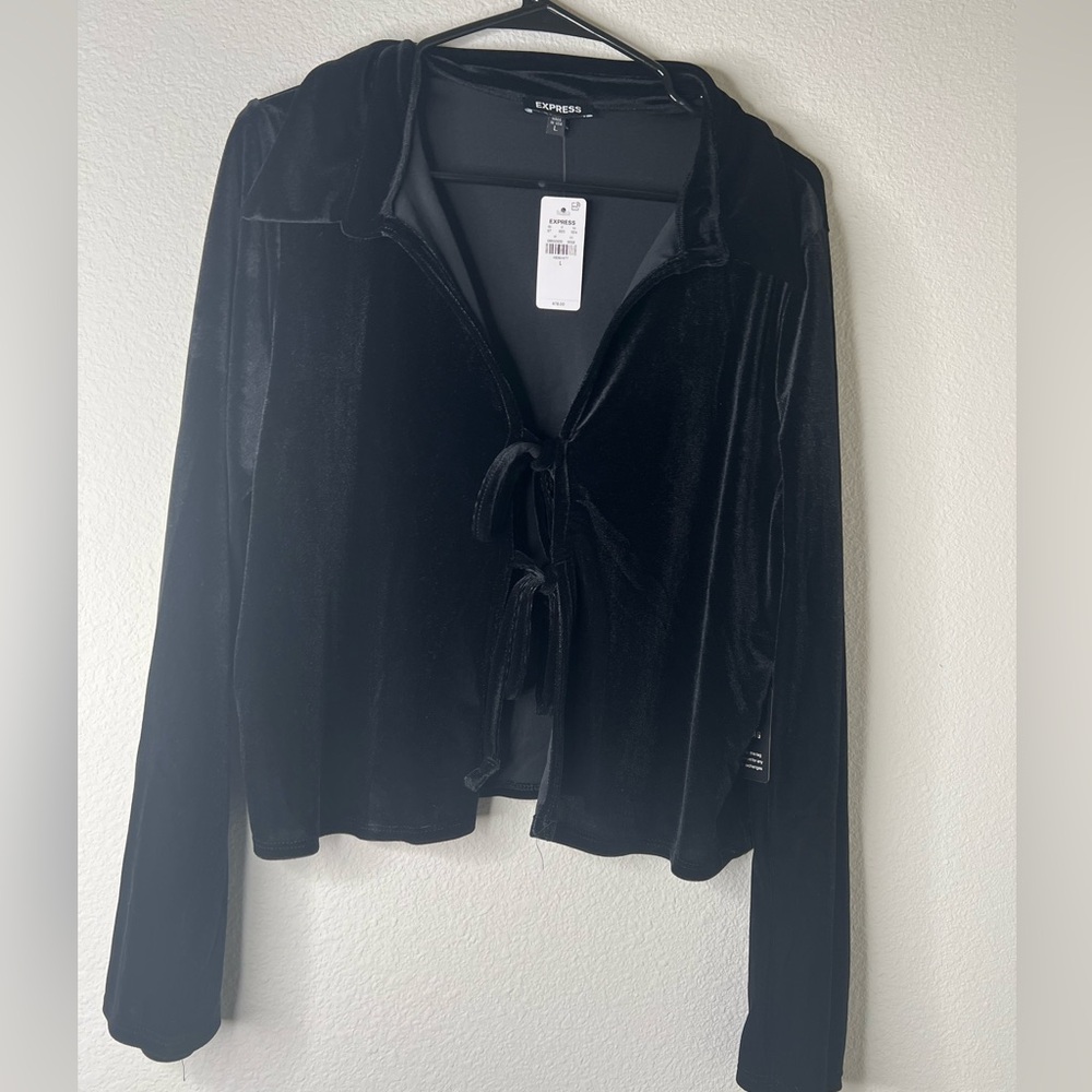 Velvet Long Sleeve Collared Tie Front Top